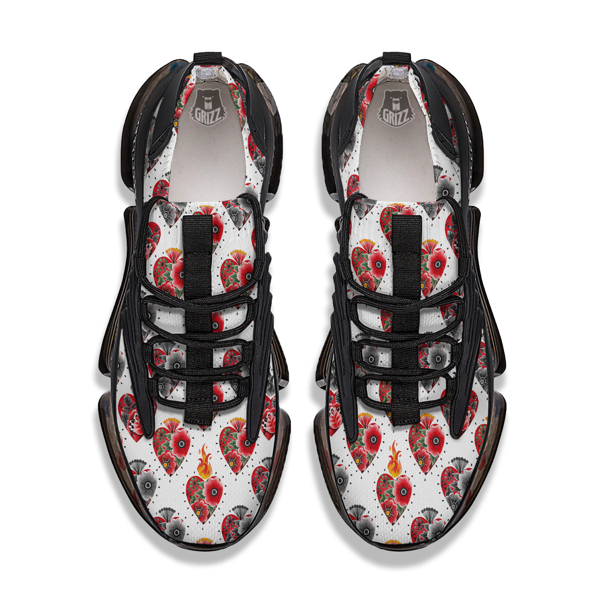 Watercolor Flaming Heart Tattoo Print Pattern Black Gym Shoes-grizzshop
