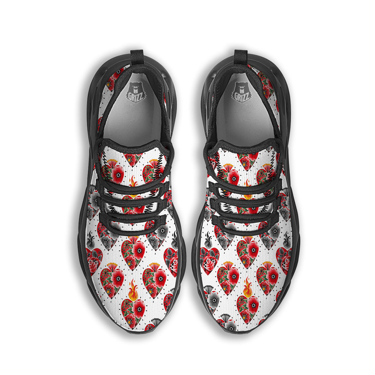 Watercolor Flaming Heart Tattoo Print Pattern Black Running Shoes-grizzshop