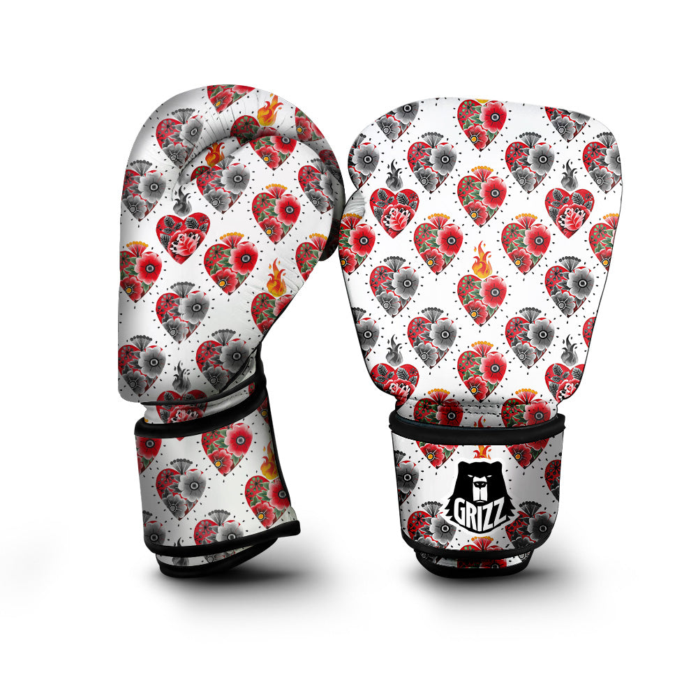 Watercolor Flaming Heart Tattoo Print Pattern Boxing Gloves-grizzshop