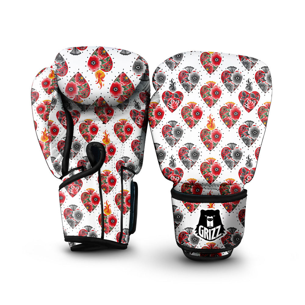 Watercolor Flaming Heart Tattoo Print Pattern Boxing Gloves-grizzshop