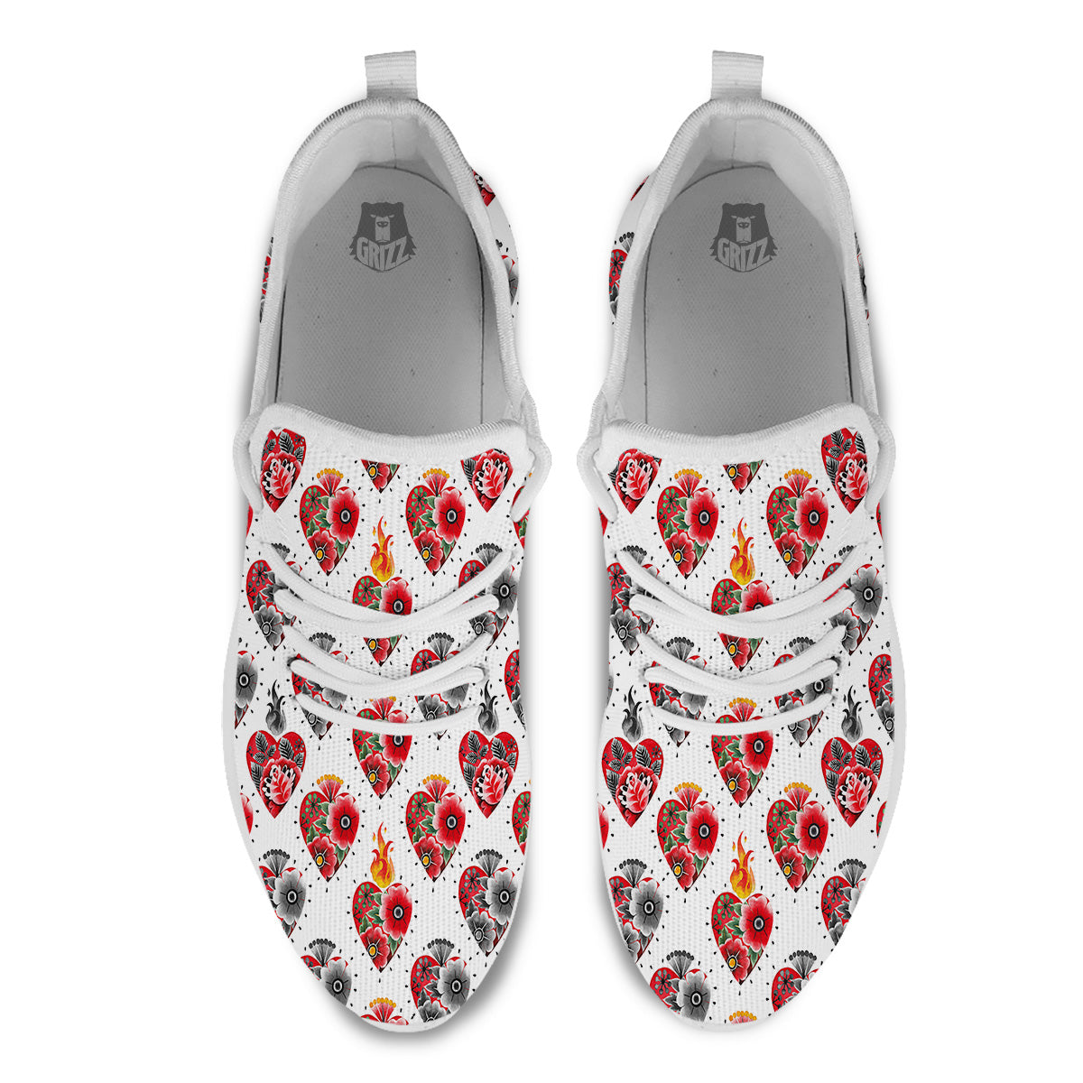 Watercolor Flaming Heart Tattoo Print Pattern White Athletic Shoes-grizzshop