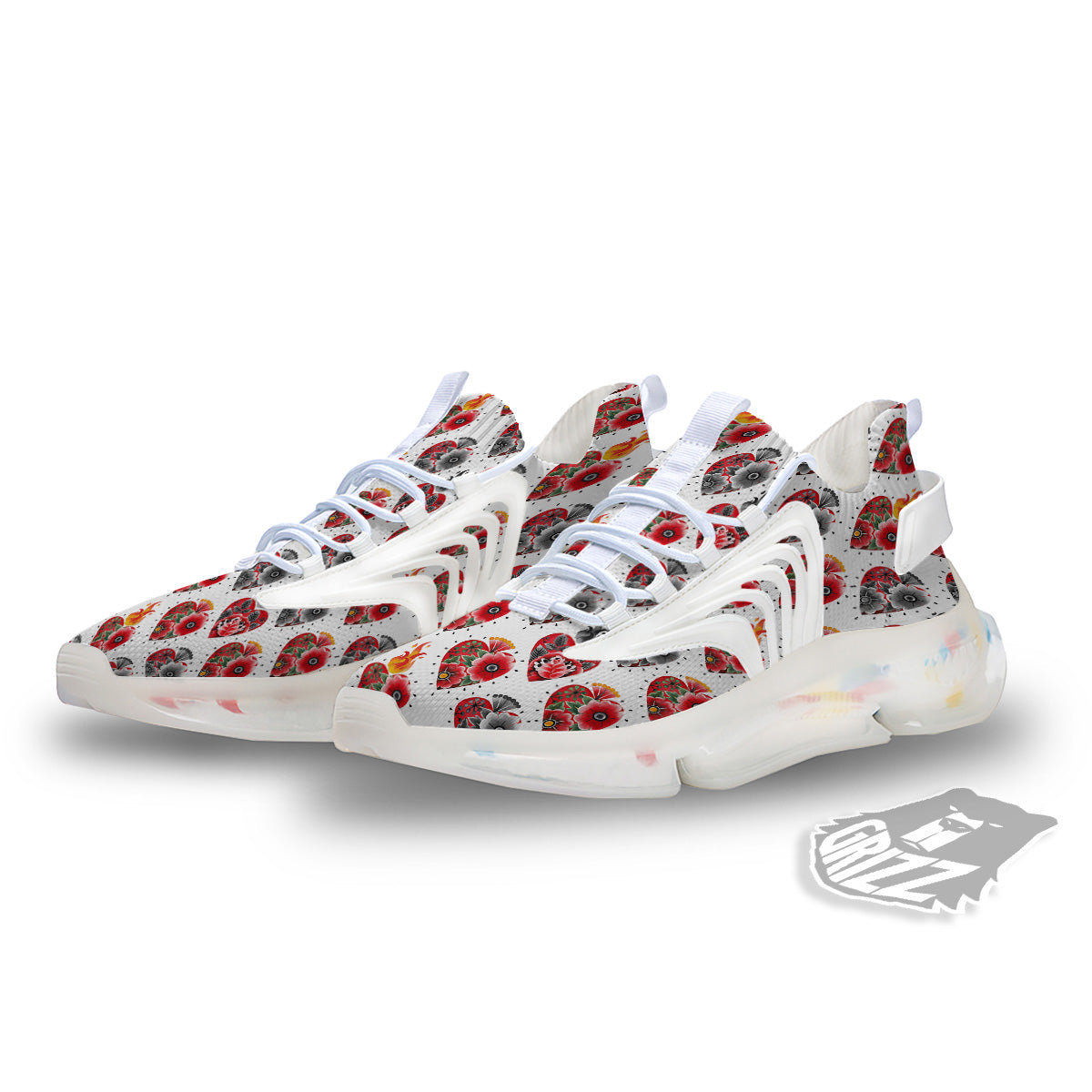 Watercolor Flaming Heart Tattoo Print Pattern White Gym Shoes-grizzshop