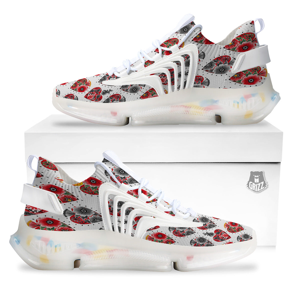 Watercolor Flaming Heart Tattoo Print Pattern White Gym Shoes-grizzshop