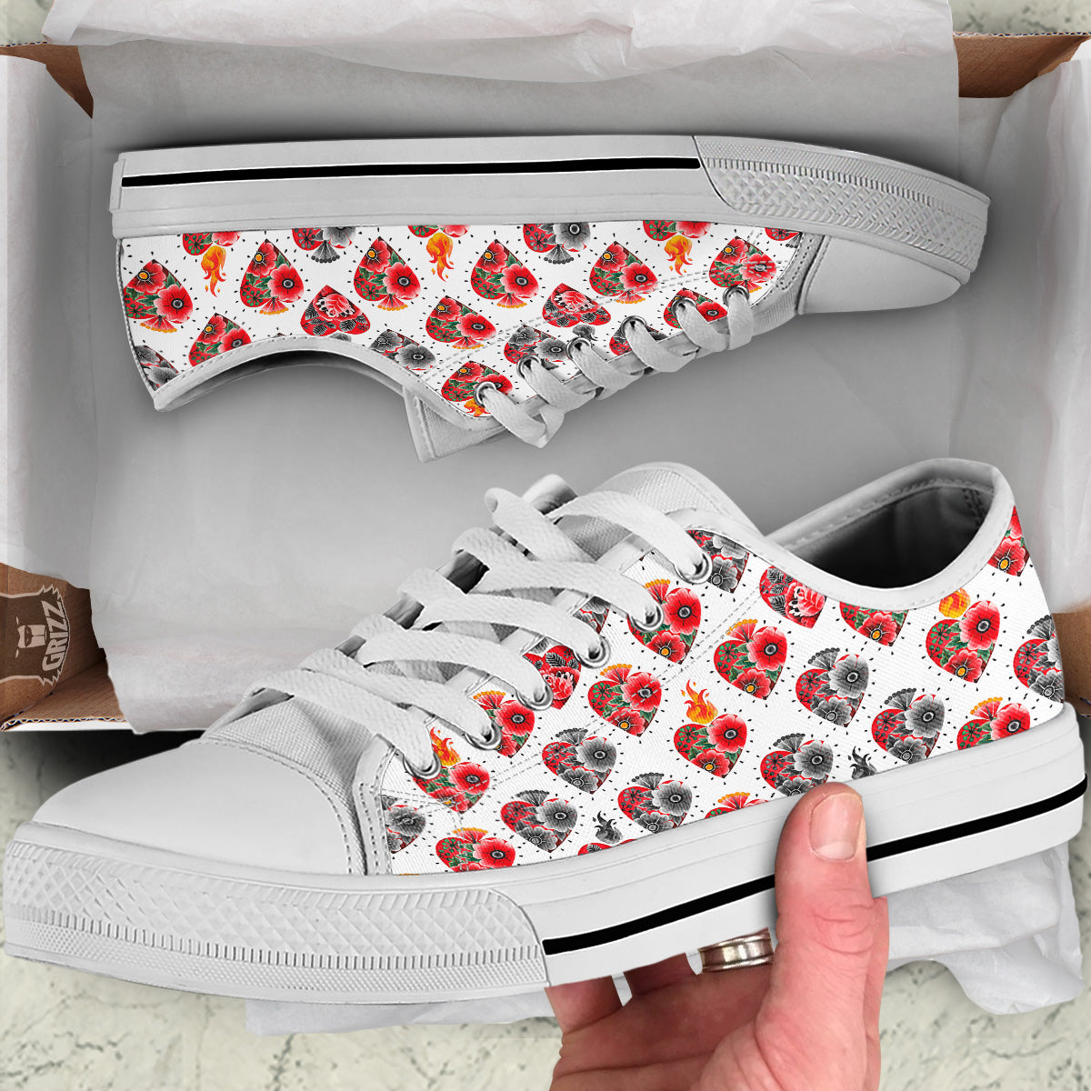 Watercolor Flaming Heart Tattoo Print Pattern White Low Top Shoes-grizzshop