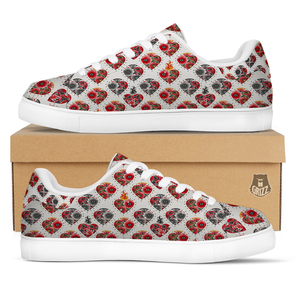 Watercolor Flaming Heart Tattoo Print Pattern White Low Top Sneakers-grizzshop