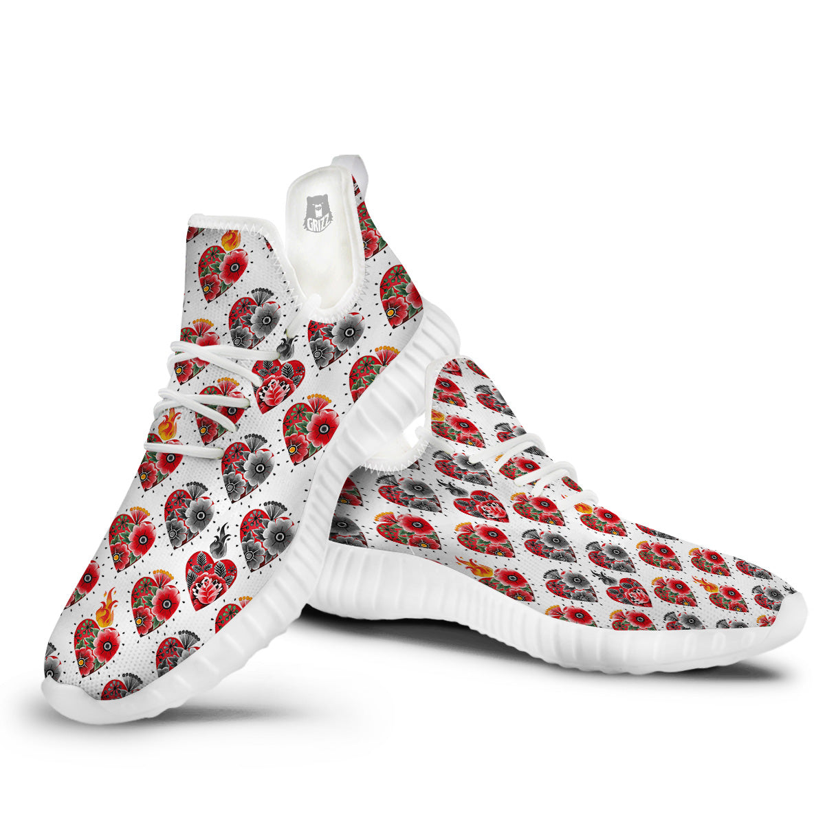 Watercolor Flaming Heart Tattoo Print Pattern White Walking Shoes-grizzshop