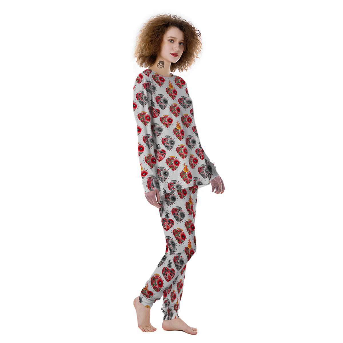 Watercolor Flaming Heart Tattoo Print Pattern Women's Pajamas-grizzshop