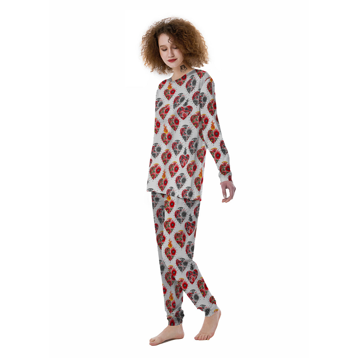 Watercolor Flaming Heart Tattoo Print Pattern Women's Pajamas-grizzshop