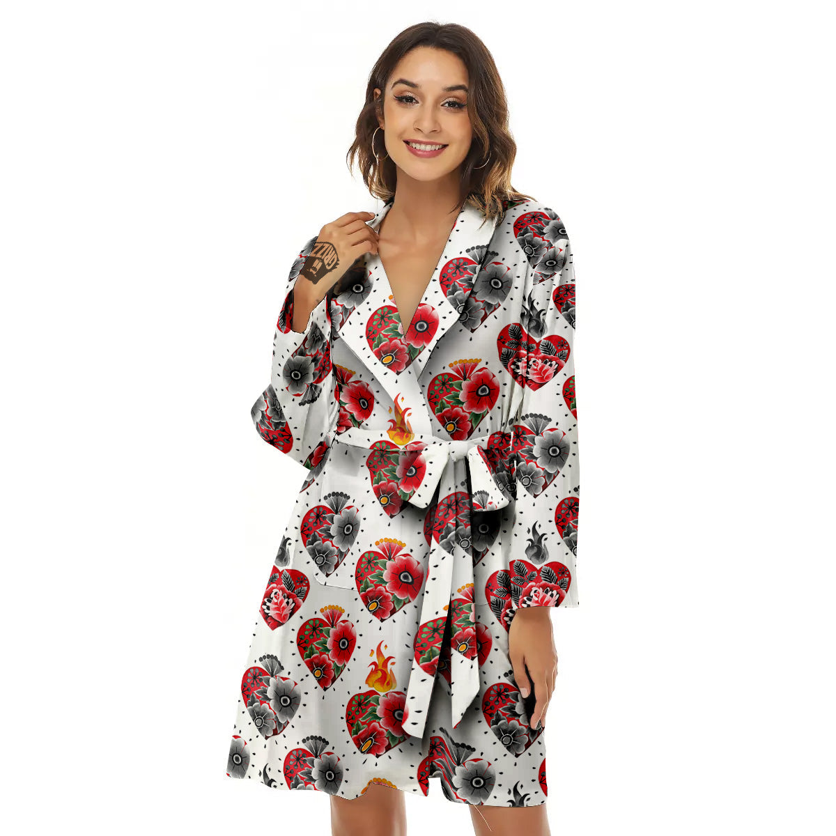 Watercolor Flaming Heart Tattoo Print Pattern Women's Robe-grizzshop