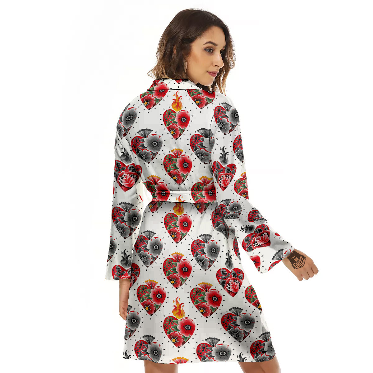 Watercolor Flaming Heart Tattoo Print Pattern Women's Robe-grizzshop