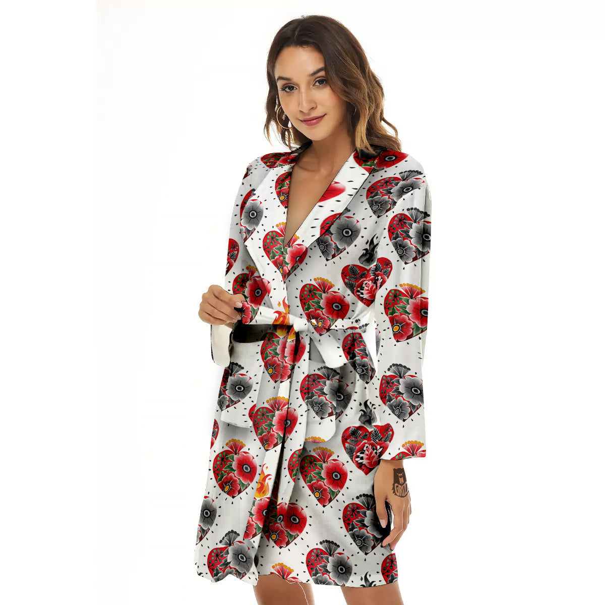 Watercolor Flaming Heart Tattoo Print Pattern Women's Robe-grizzshop