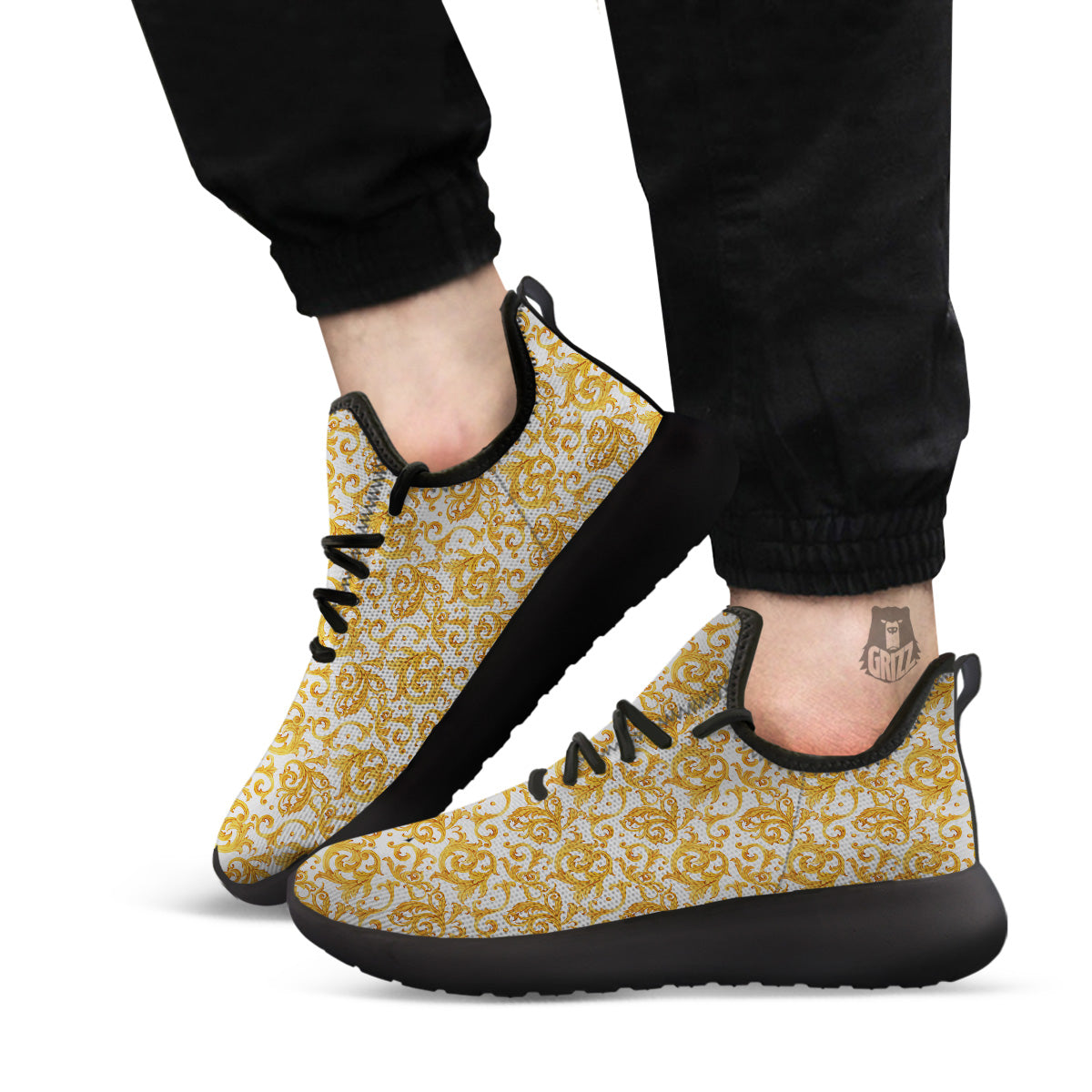 Watercolor Golden Baroque Print Pattern Black Athletic Shoes-grizzshop
