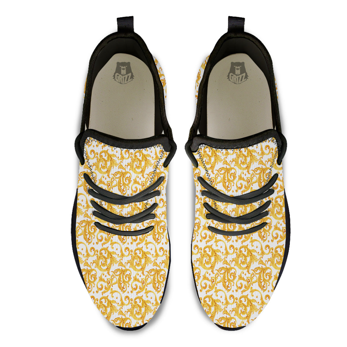Watercolor Golden Baroque Print Pattern Black Athletic Shoes-grizzshop