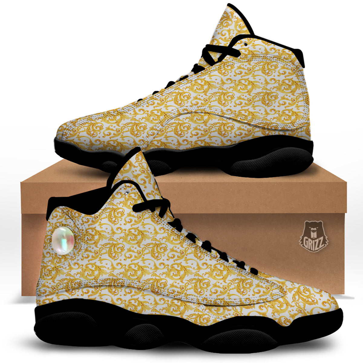 Watercolor Golden Baroque Print Pattern Black Basketball Shoes-grizzshop