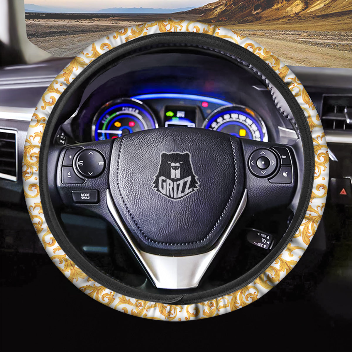 Watercolor Golden Baroque Print Pattern Car Steering Wheel Cover-grizzshop