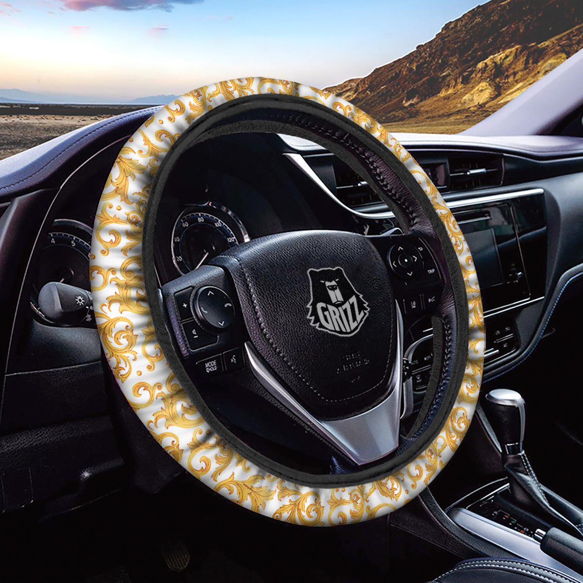 Watercolor Golden Baroque Print Pattern Car Steering Wheel Cover-grizzshop