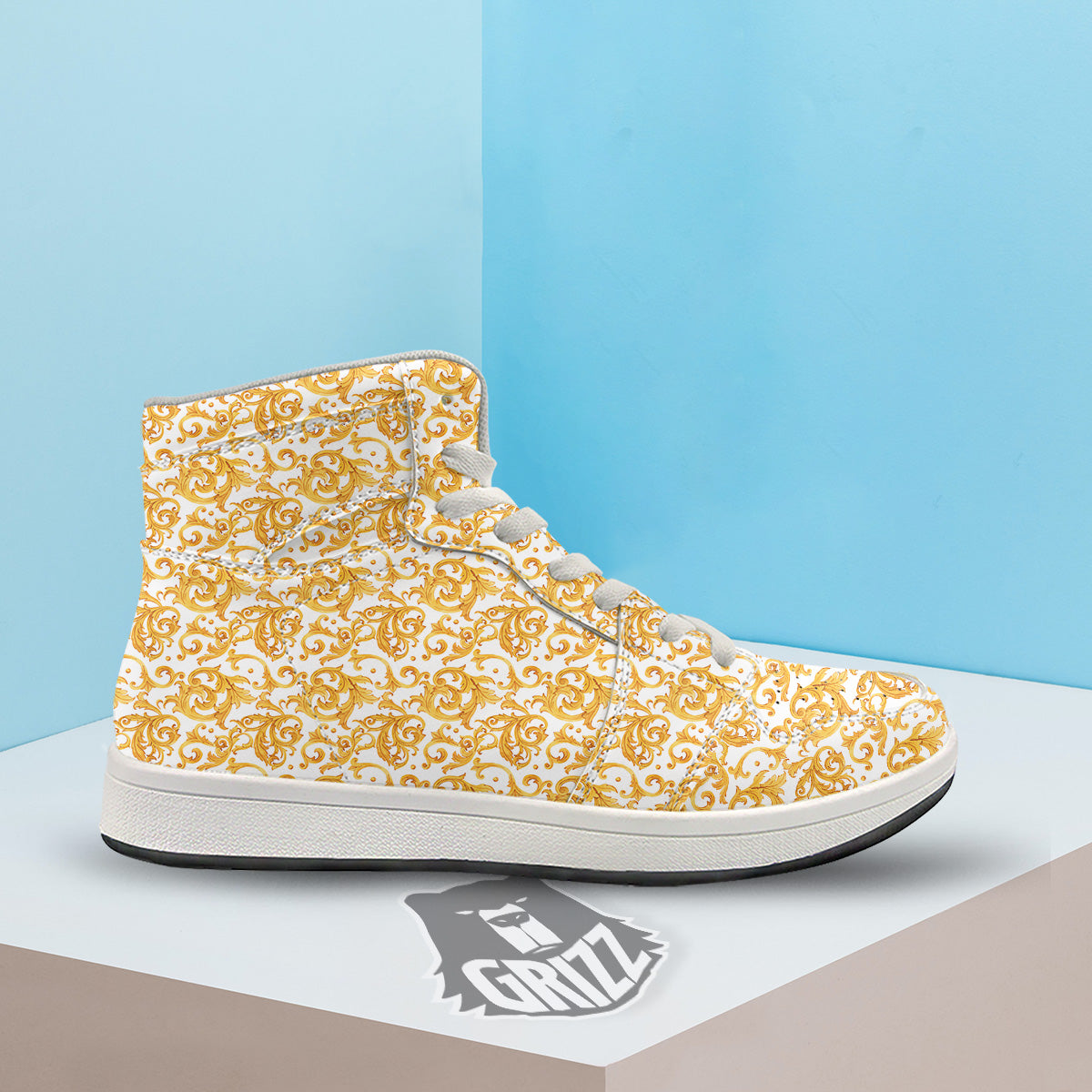 Watercolor Golden Baroque Print Pattern High Top Sneakers-grizzshop