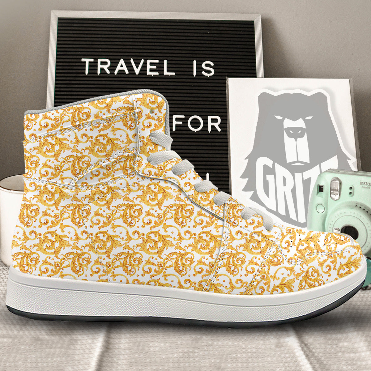 Watercolor Golden Baroque Print Pattern High Top Sneakers-grizzshop