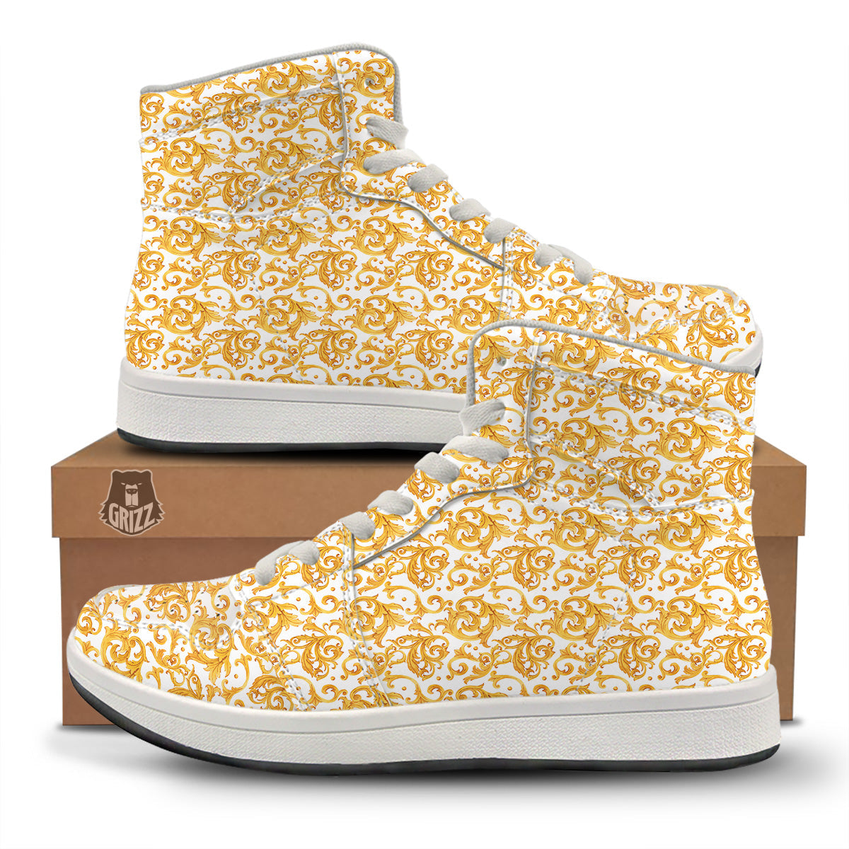 Watercolor Golden Baroque Print Pattern High Top Sneakers-grizzshop