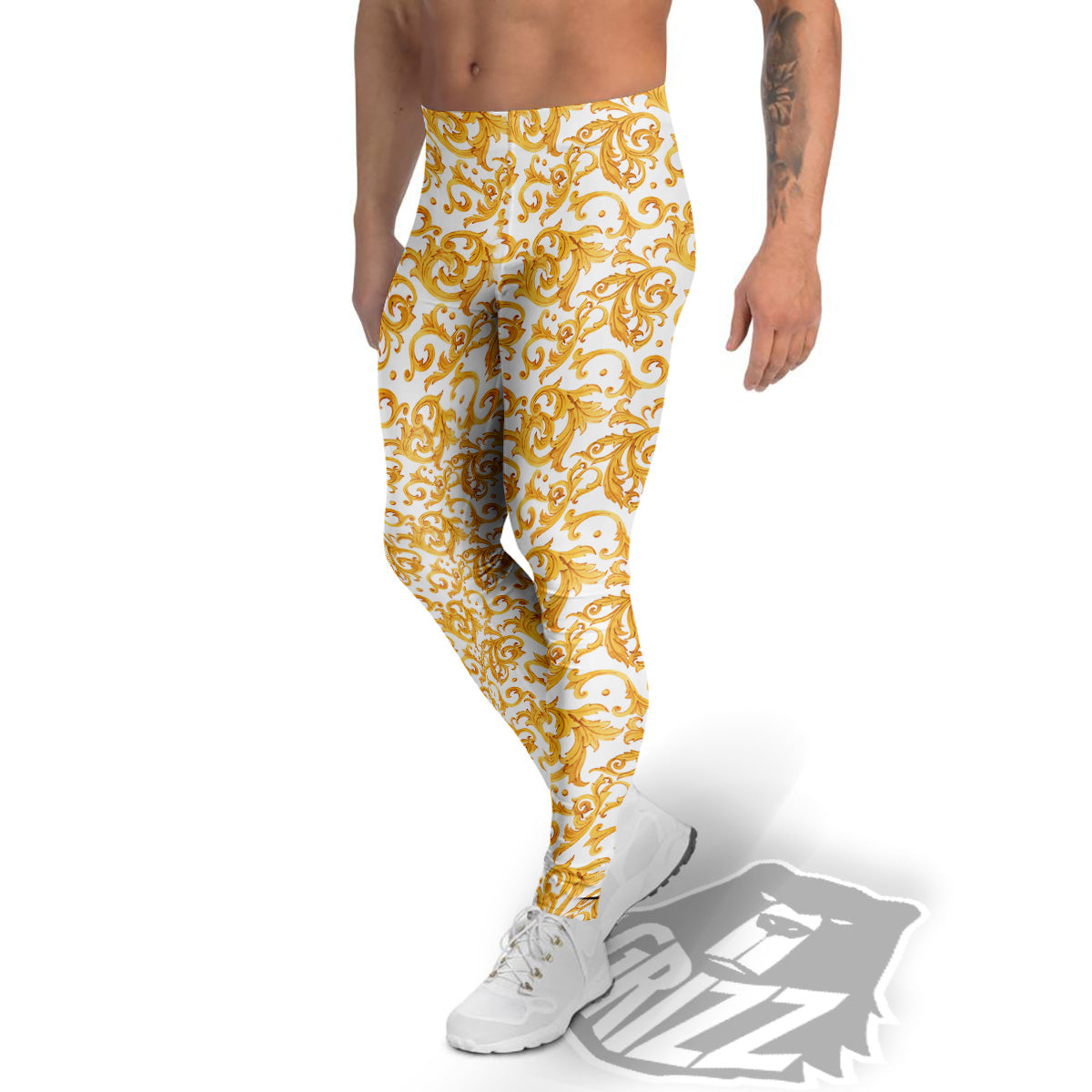 Watercolor Golden Baroque Print Pattern Men's Leggings-grizzshop