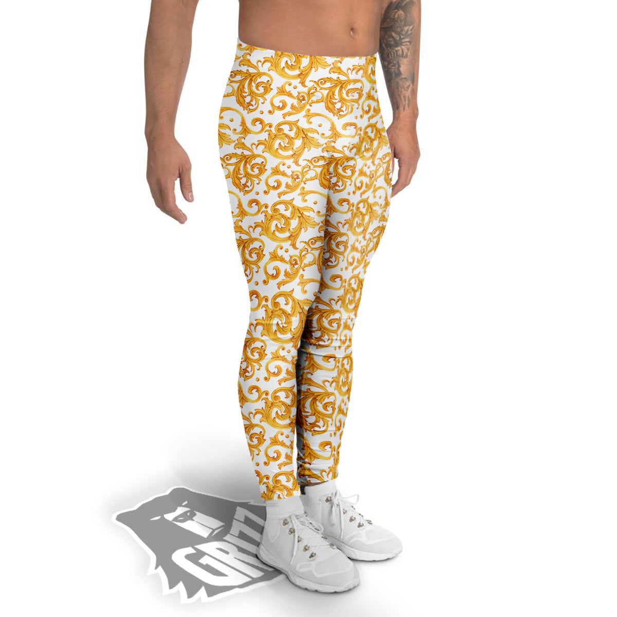 Watercolor Golden Baroque Print Pattern Men's Leggings-grizzshop
