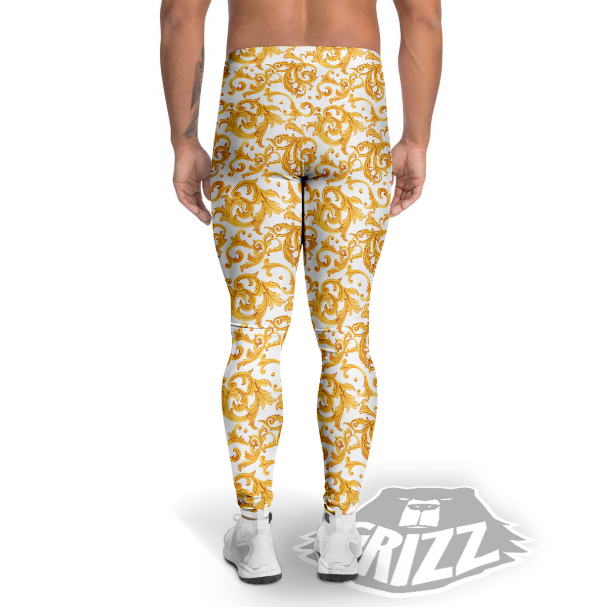 Watercolor Golden Baroque Print Pattern Men's Leggings-grizzshop
