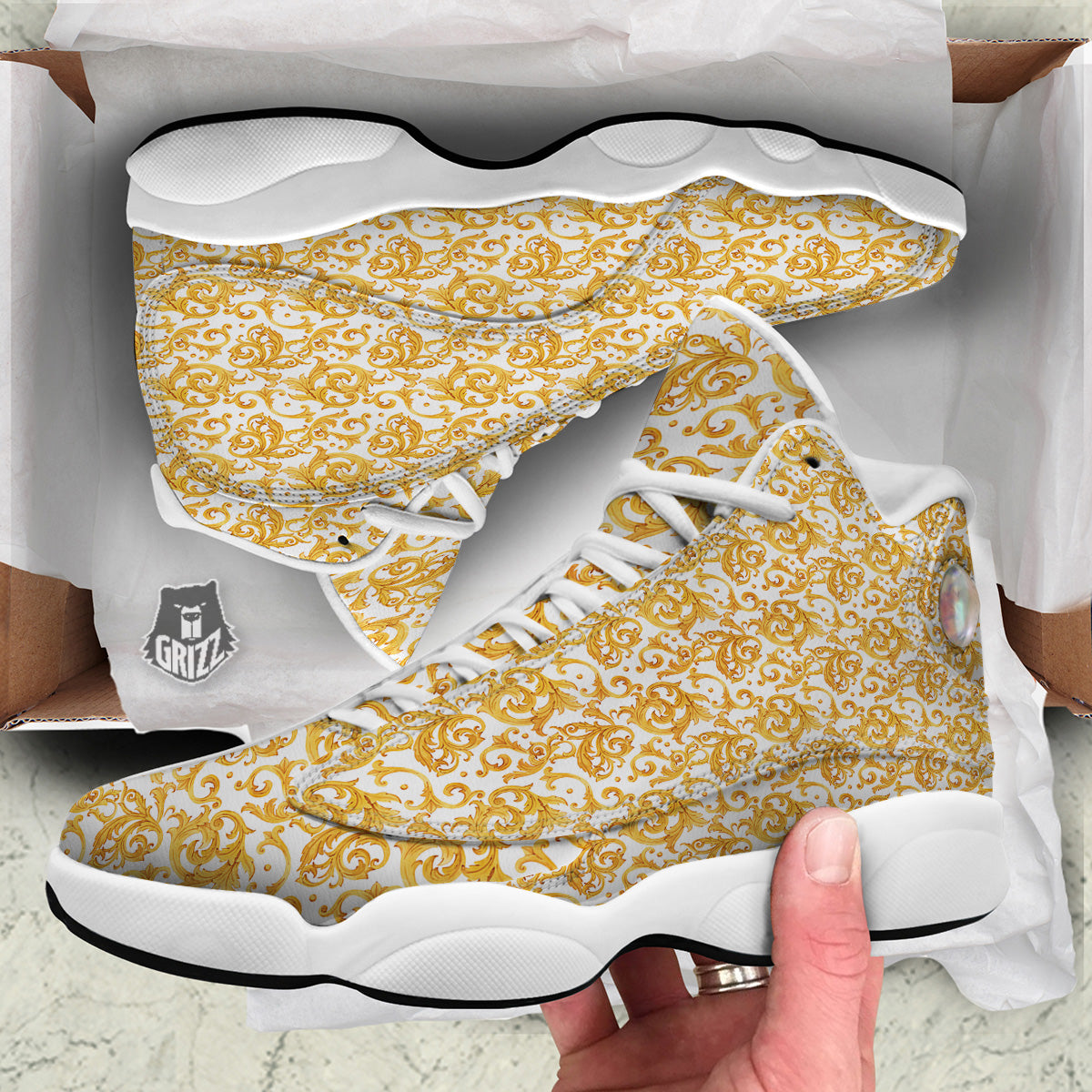 Watercolor Golden Baroque Print Pattern White Basketball Shoes-grizzshop