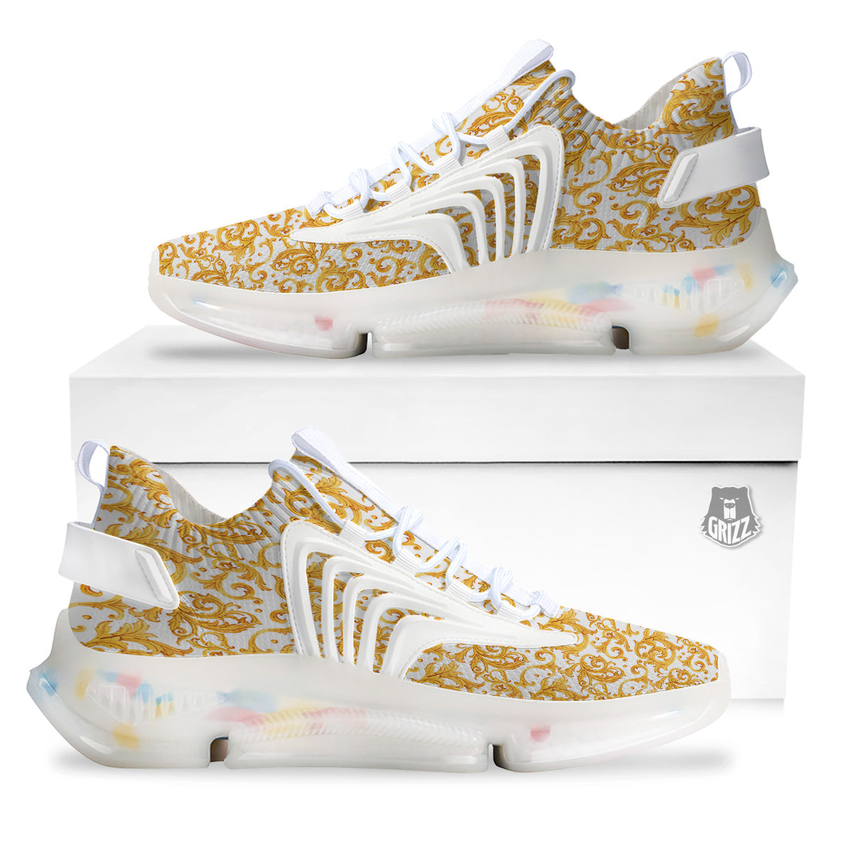 Watercolor Golden Baroque Print Pattern White Gym Shoes-grizzshop