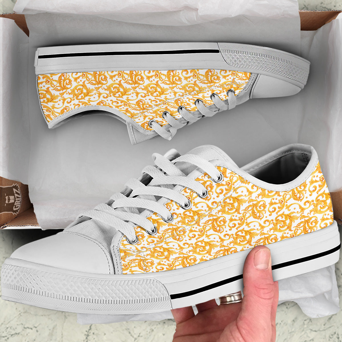 Watercolor Golden Baroque Print Pattern White Low Top Shoes-grizzshop