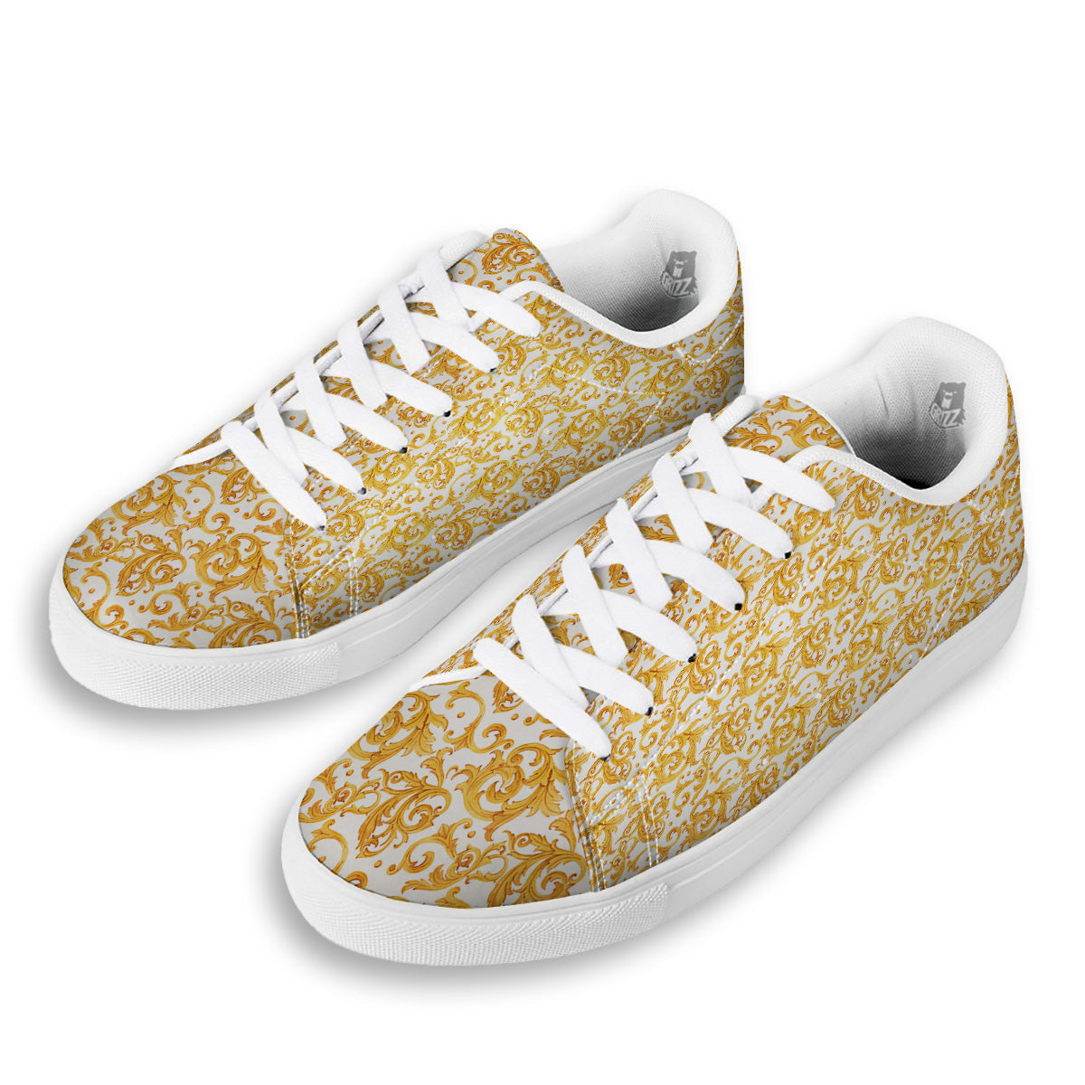 Watercolor Golden Baroque Print Pattern White Low Top Sneakers-grizzshop