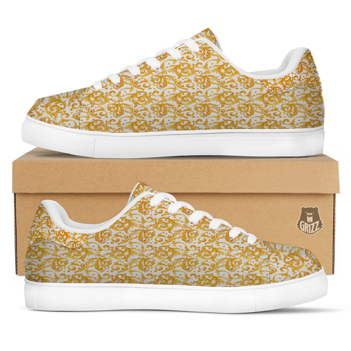 Watercolor Golden Baroque Print Pattern White Low Top Sneakers-grizzshop