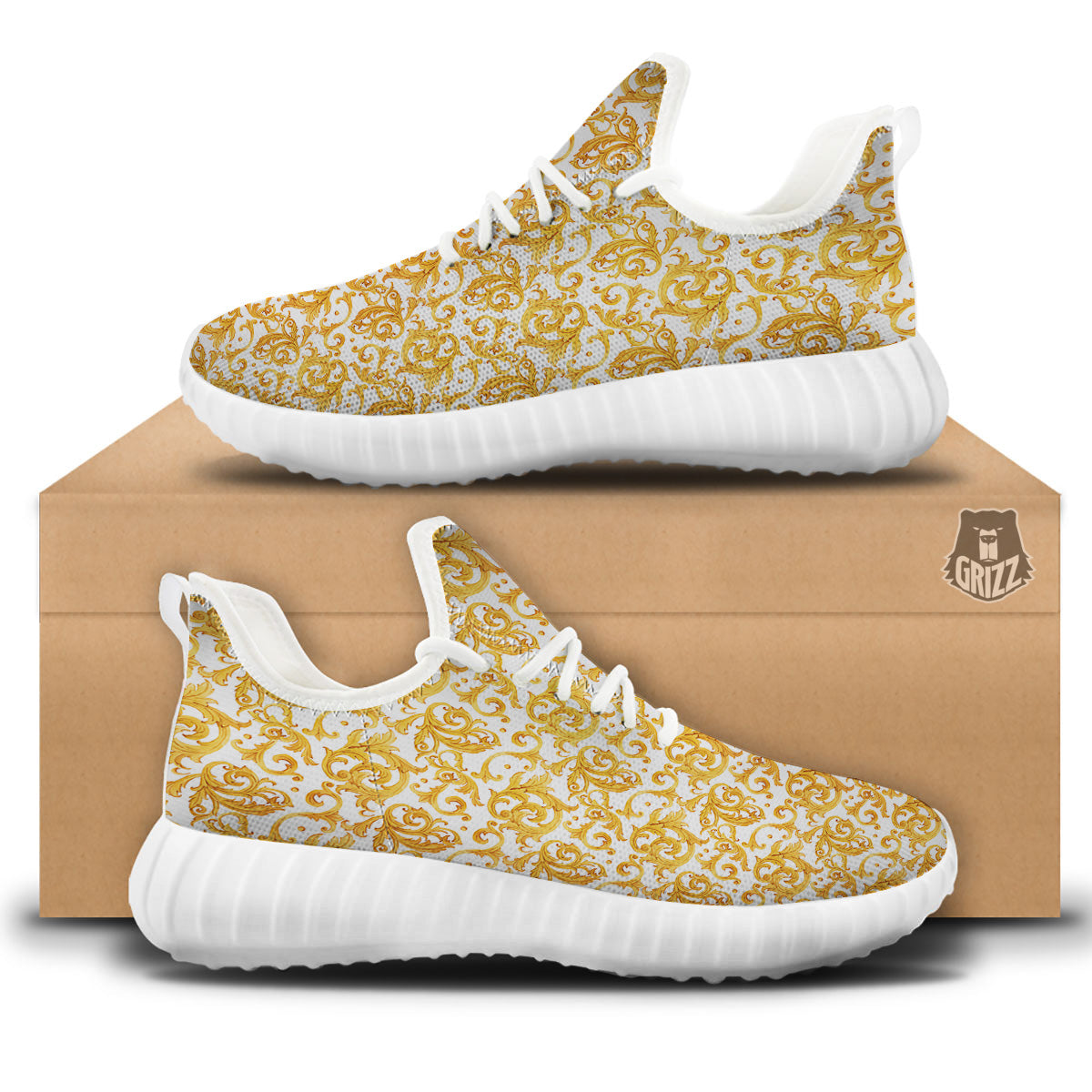 Watercolor Golden Baroque Print Pattern White Walking Shoes-grizzshop
