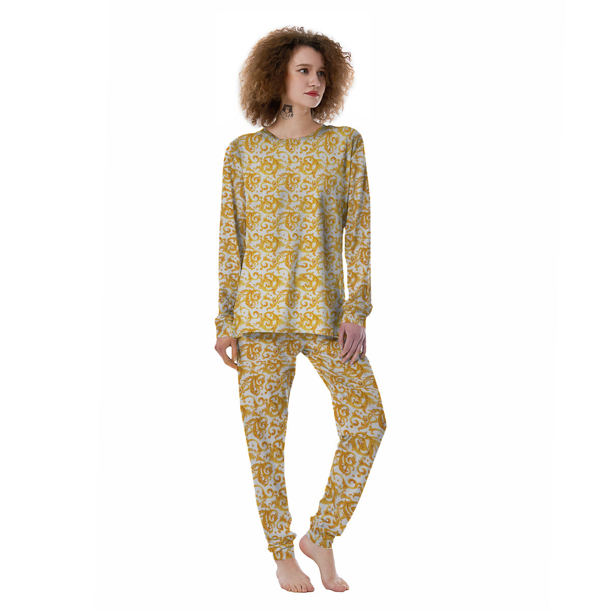 Watercolor Golden Baroque Print Pattern Women's Pajamas-grizzshop