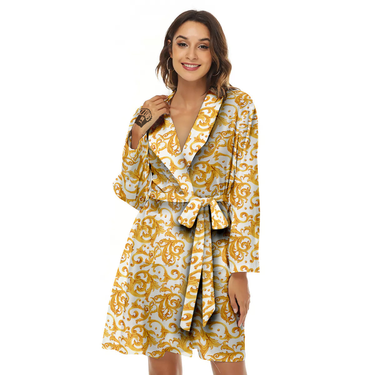Watercolor Golden Baroque Print Pattern Women's Robe-grizzshop