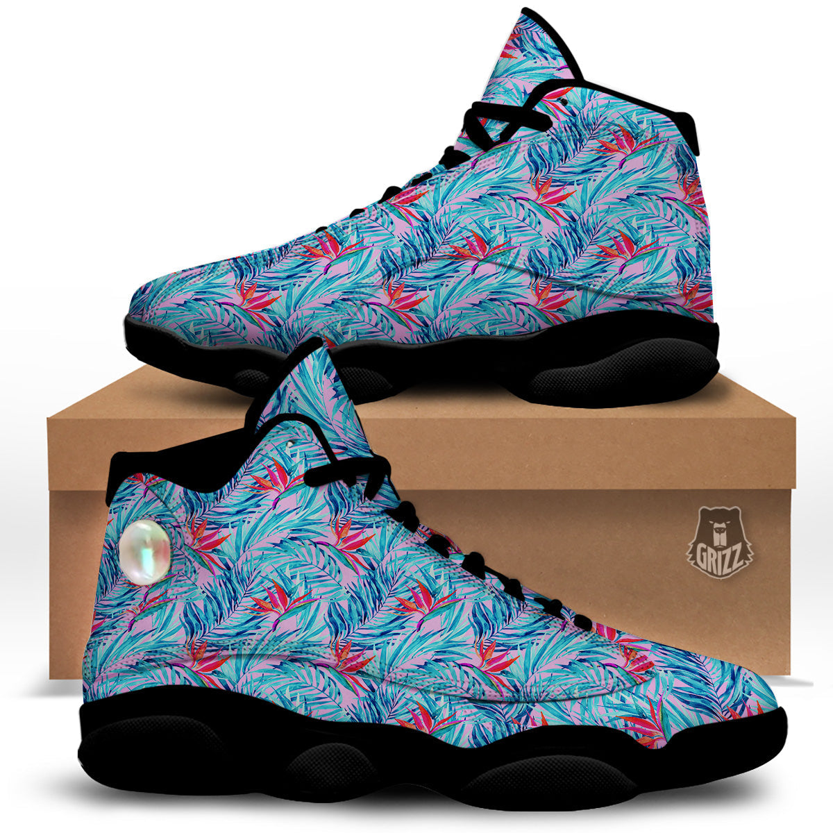 Watercolor Hawaiian Pink And Blue Print Black Basketball Shoes-grizzshop