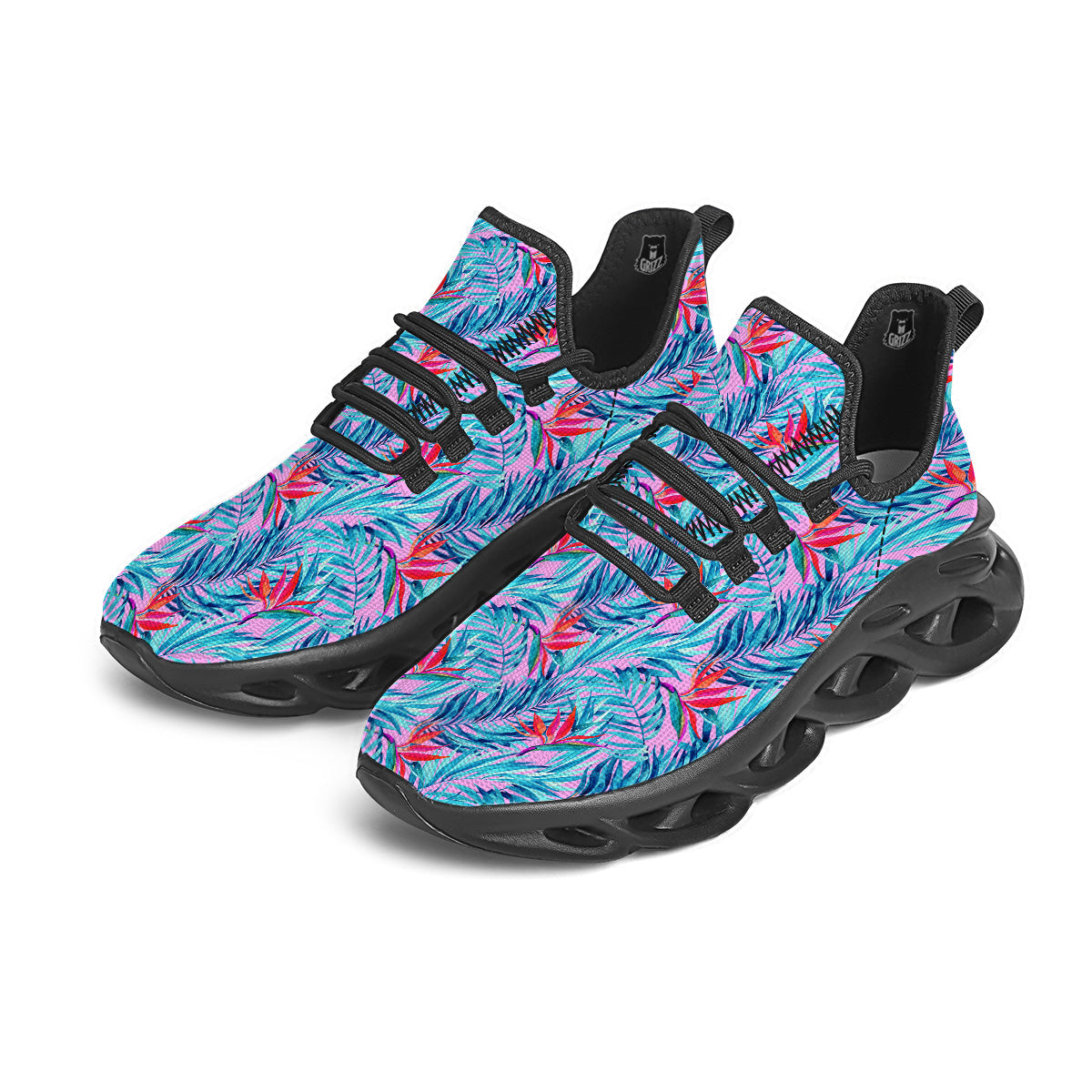 Watercolor Hawaiian Pink And Blue Print Black Running Shoes-grizzshop