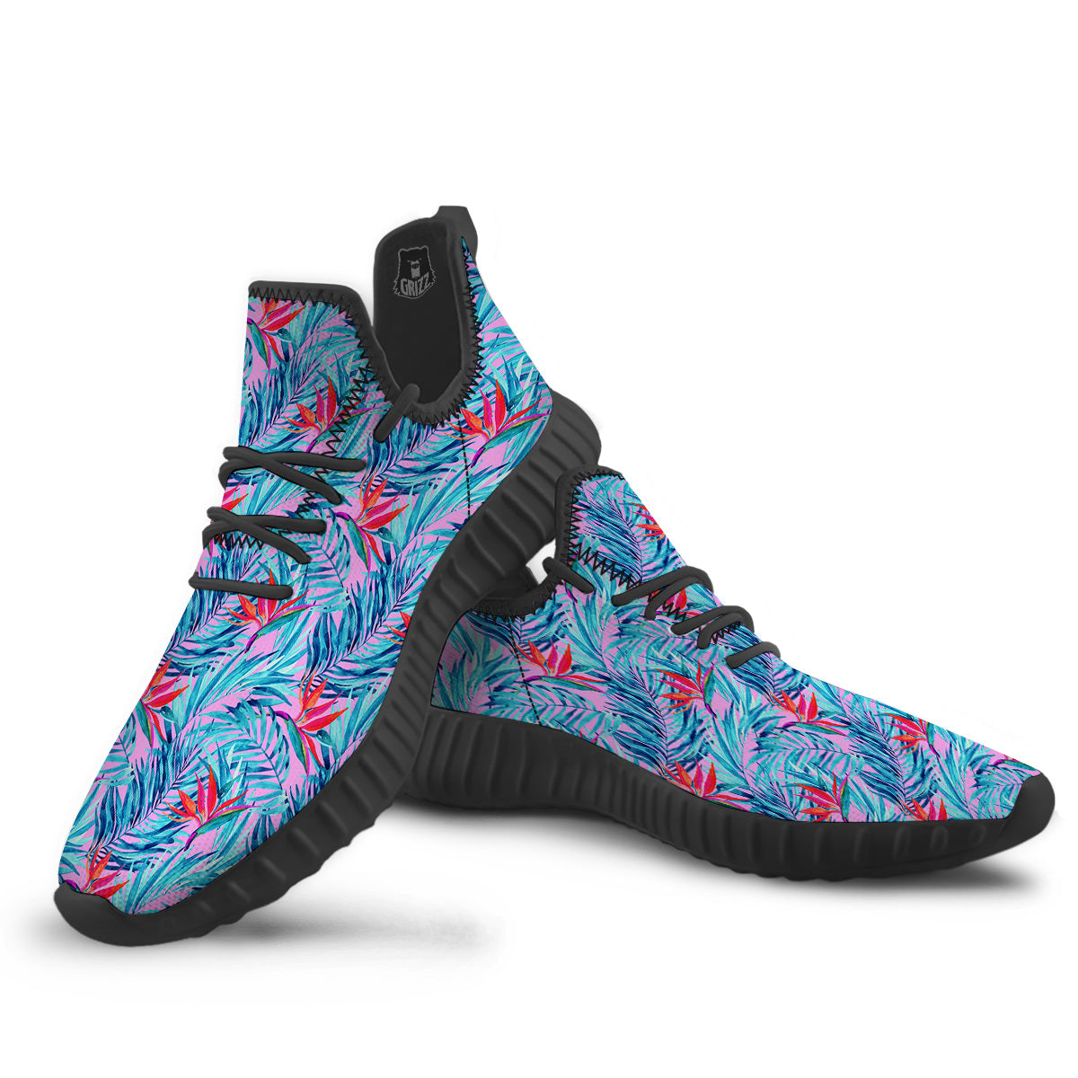Watercolor Hawaiian Pink And Blue Print Black Walking Shoes-grizzshop
