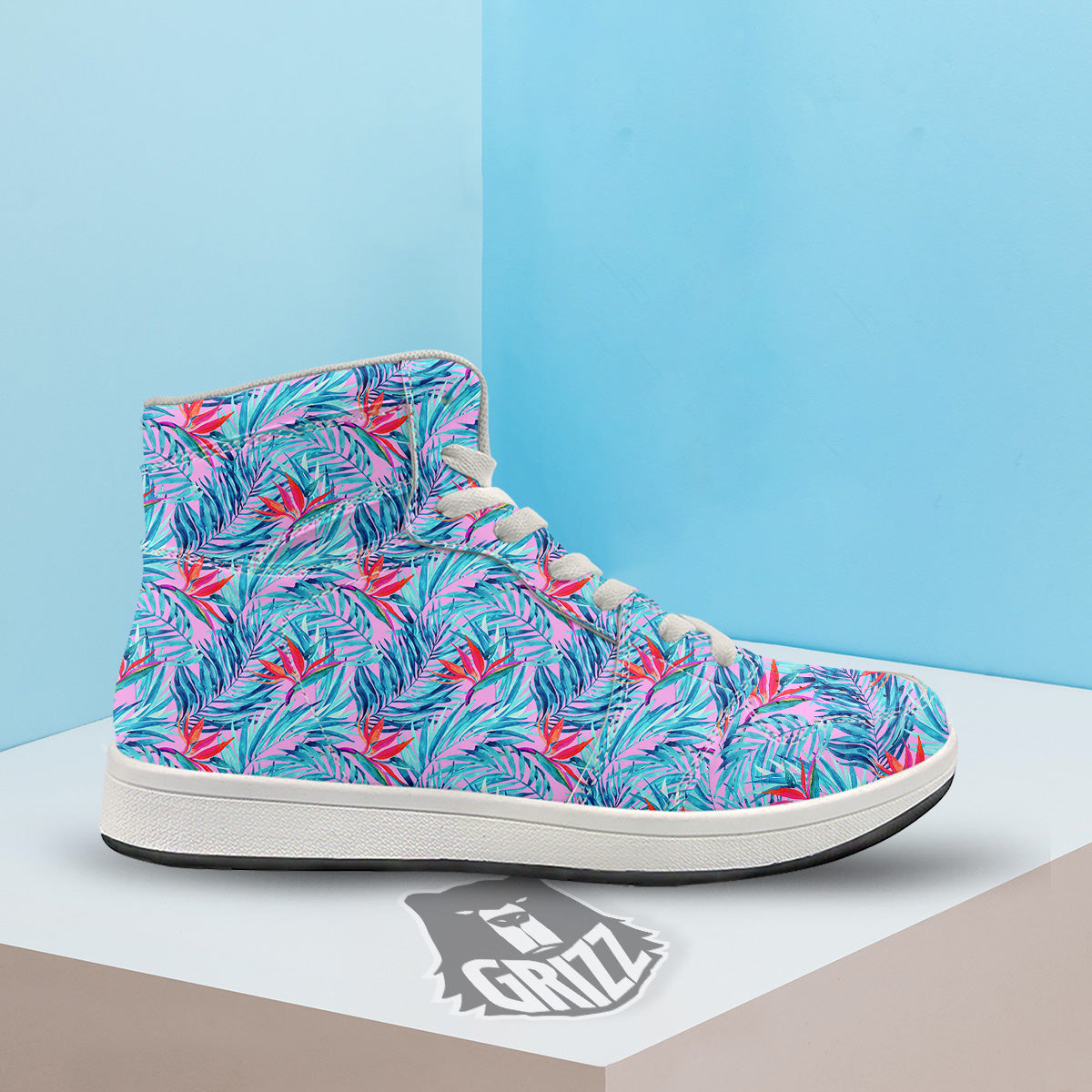 Watercolor Hawaiian Pink And Blue Print High Top Sneakers-grizzshop