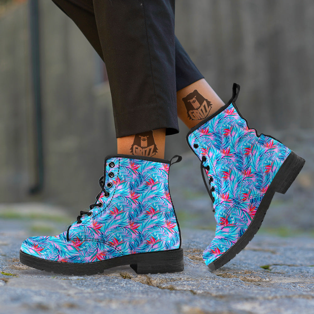 Watercolor Hawaiian Pink And Blue Print Leather Boots-grizzshop