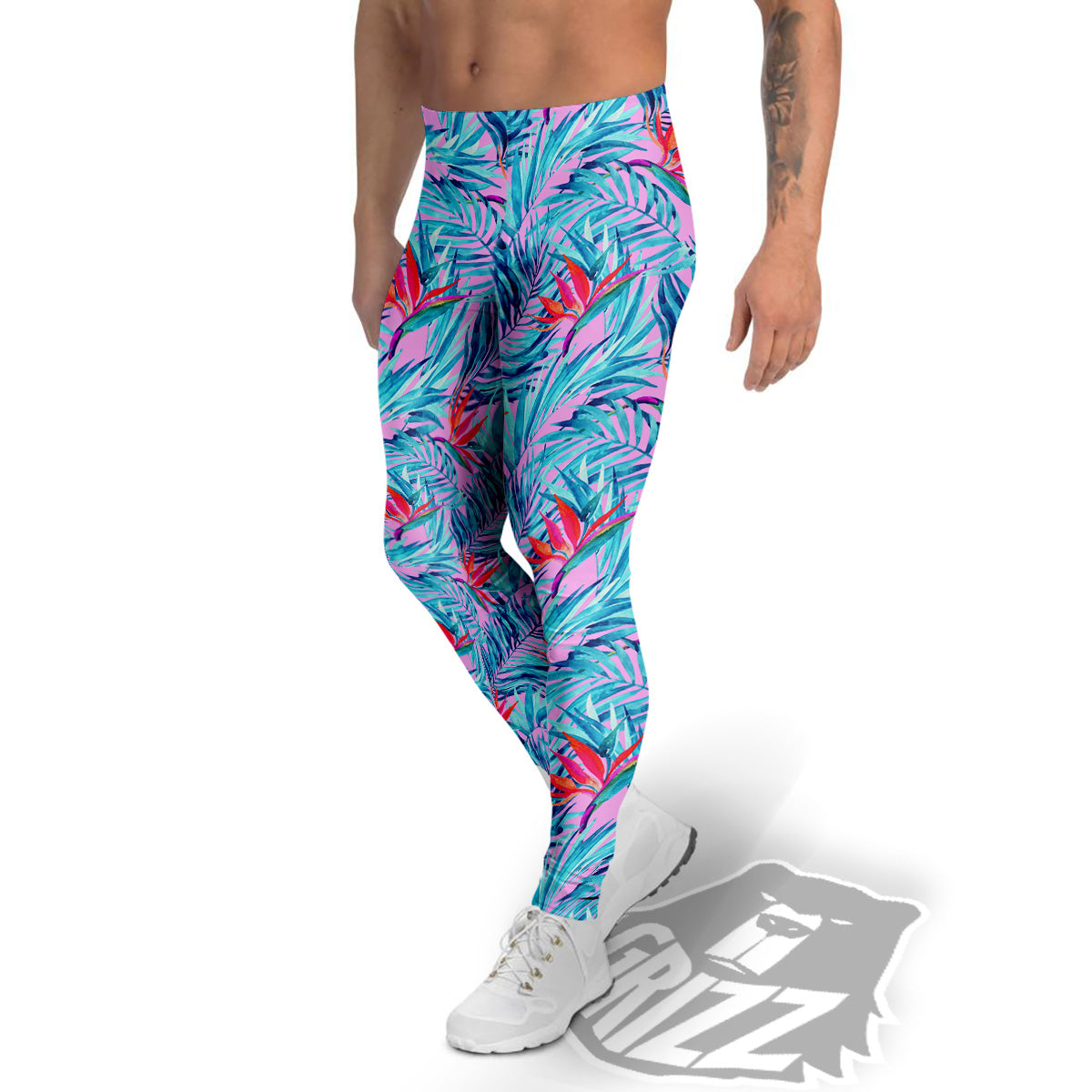 Watercolor Hawaiian Pink And Blue Print Men's Leggings-grizzshop
