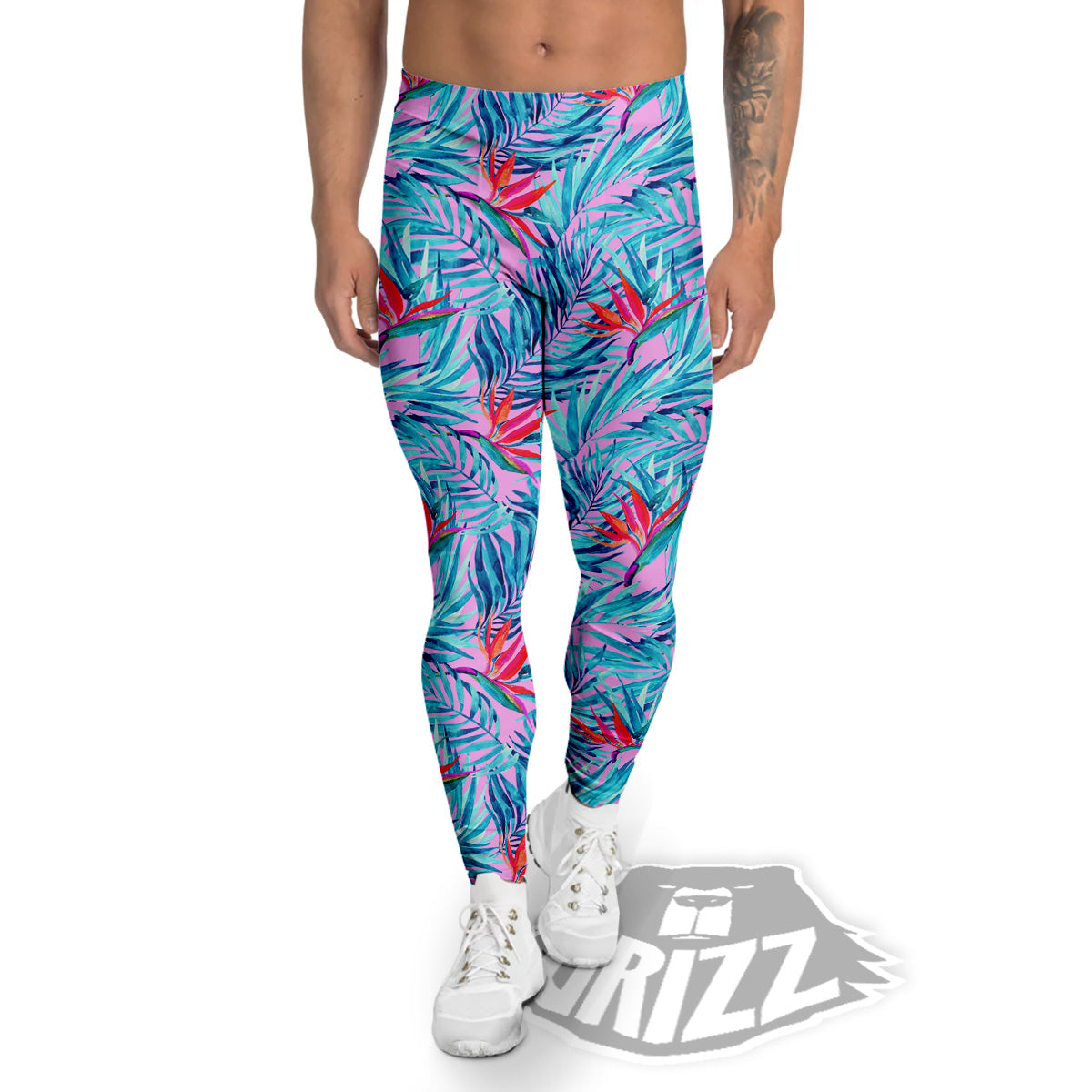 Watercolor Hawaiian Pink And Blue Print Men's Leggings-grizzshop