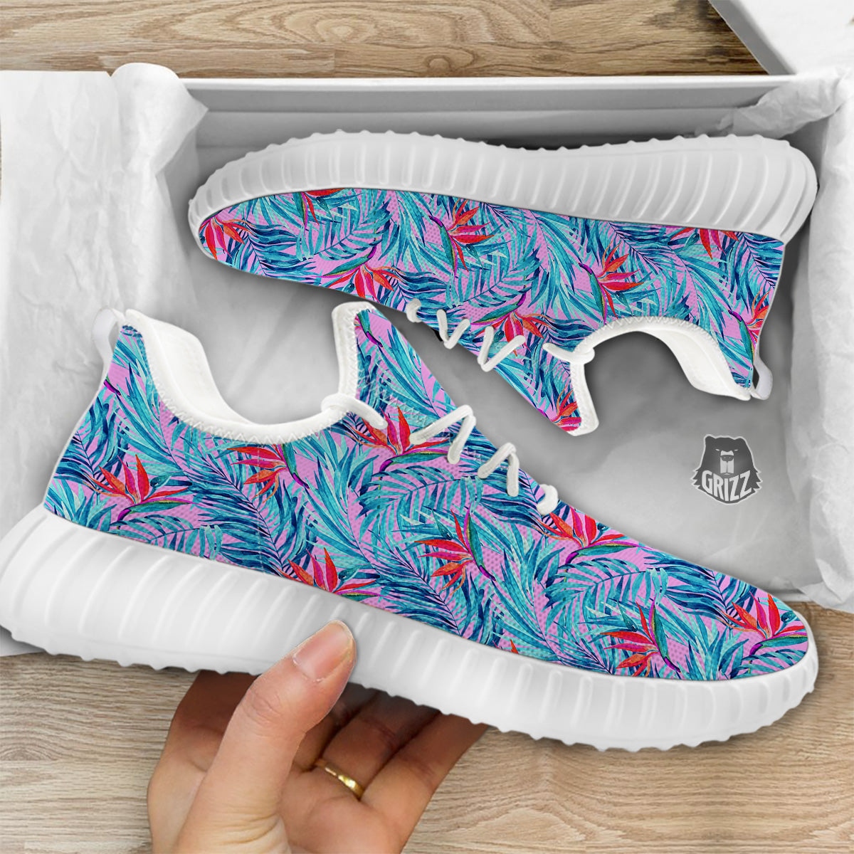 Watercolor Hawaiian Pink And Blue Print White Walking Shoes-grizzshop