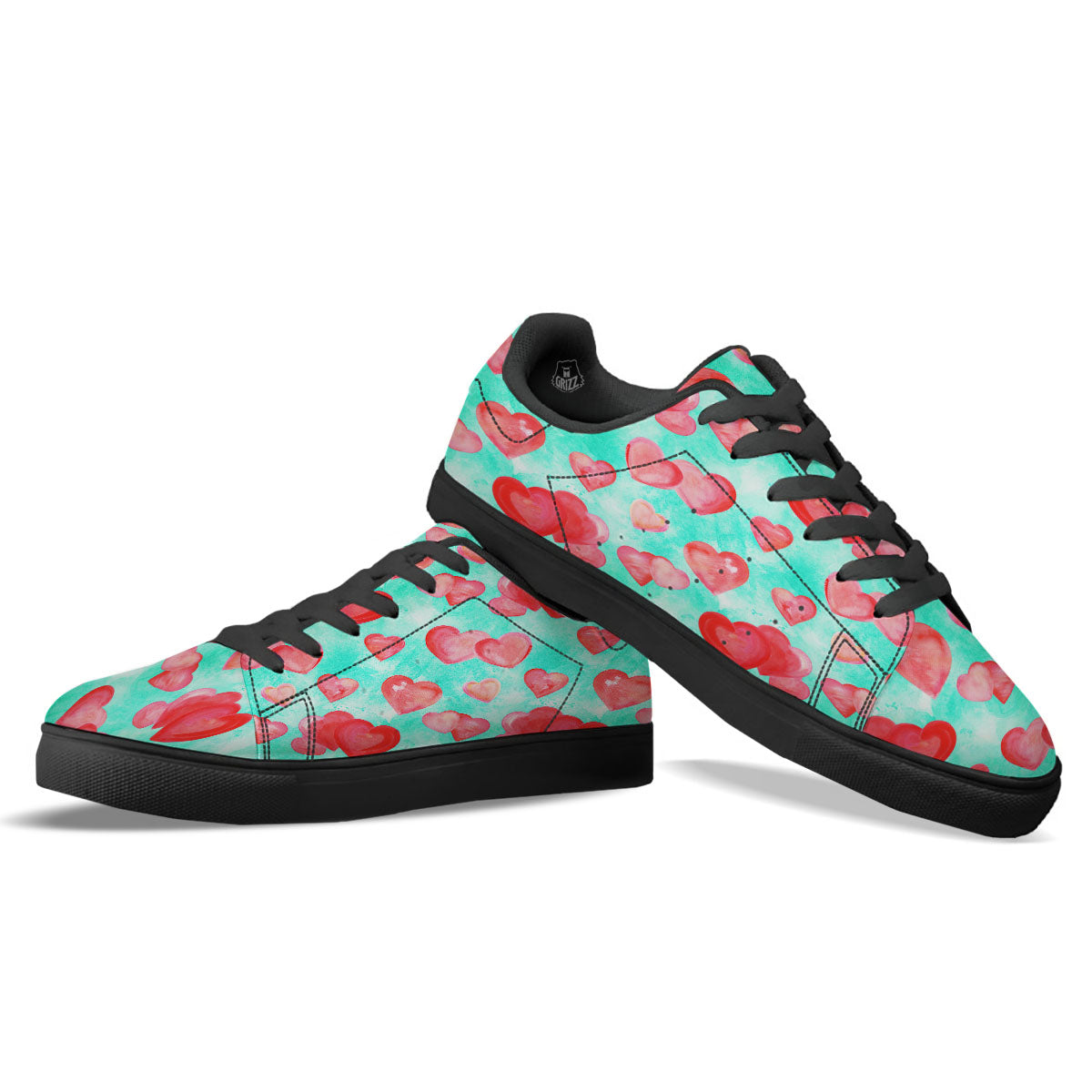 Watercolor Heart Teal And Pink Print Black Low Top Sneakers-grizzshop