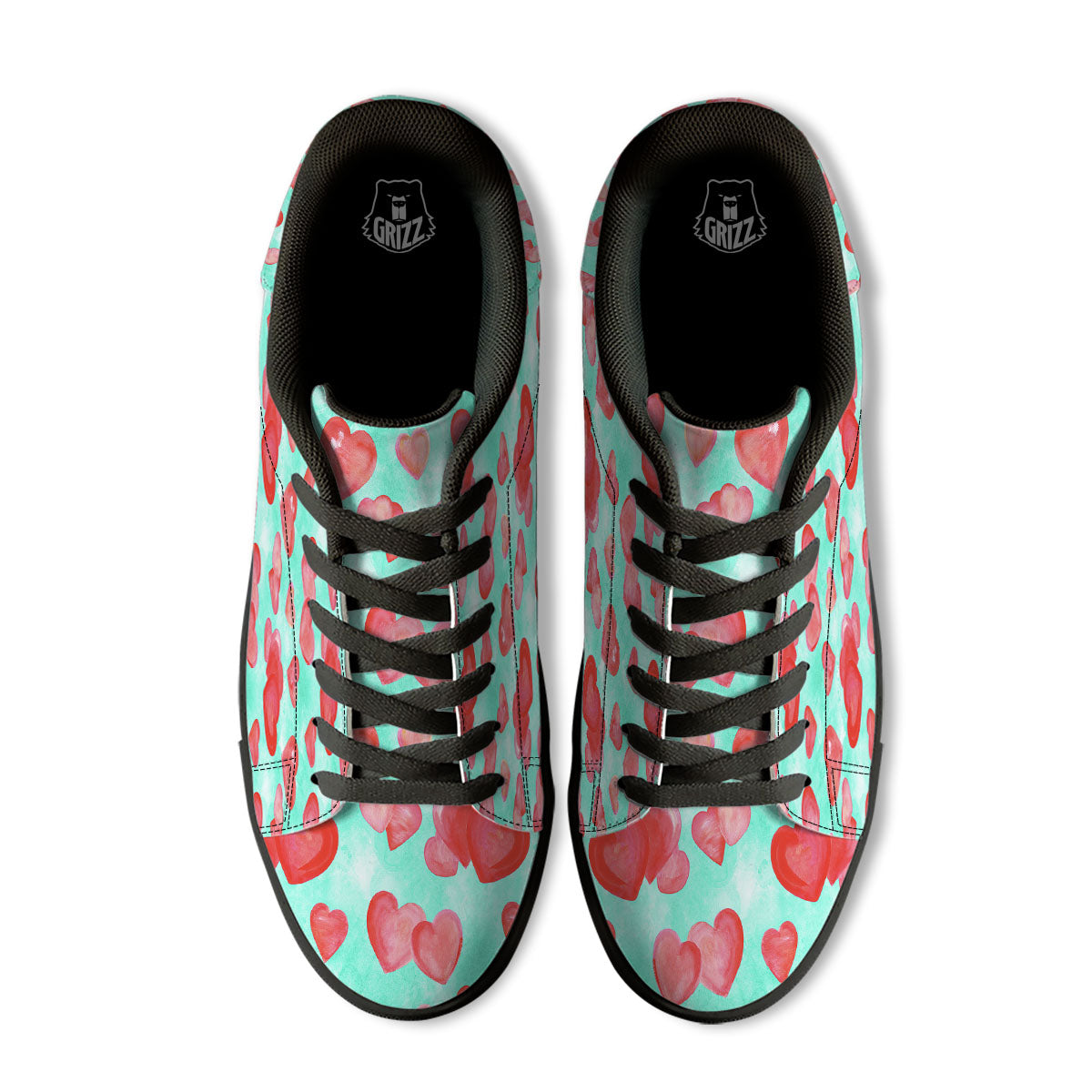 Watercolor Heart Teal And Pink Print Black Low Top Sneakers-grizzshop
