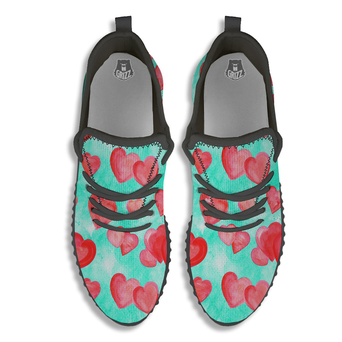 Watercolor Heart Teal And Pink Print Black Walking Shoes-grizzshop