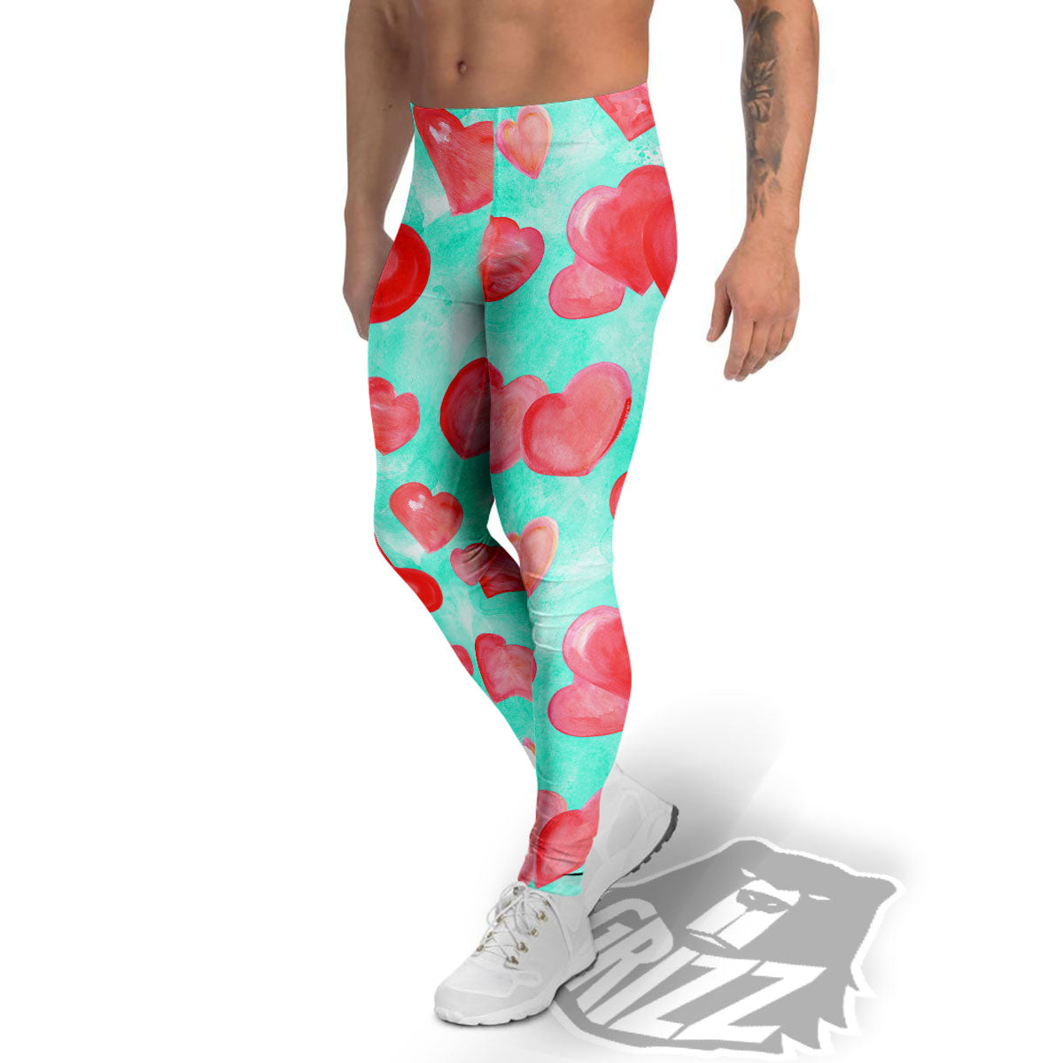 Watercolor Heart Teal And Pink Print Men's Leggings-grizzshop