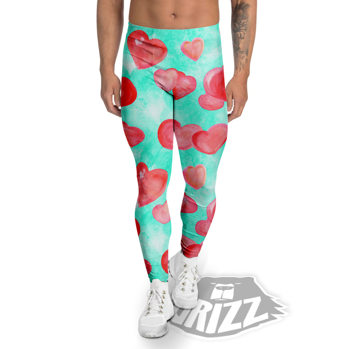 Watercolor Heart Teal And Pink Print Men's Leggings-grizzshop