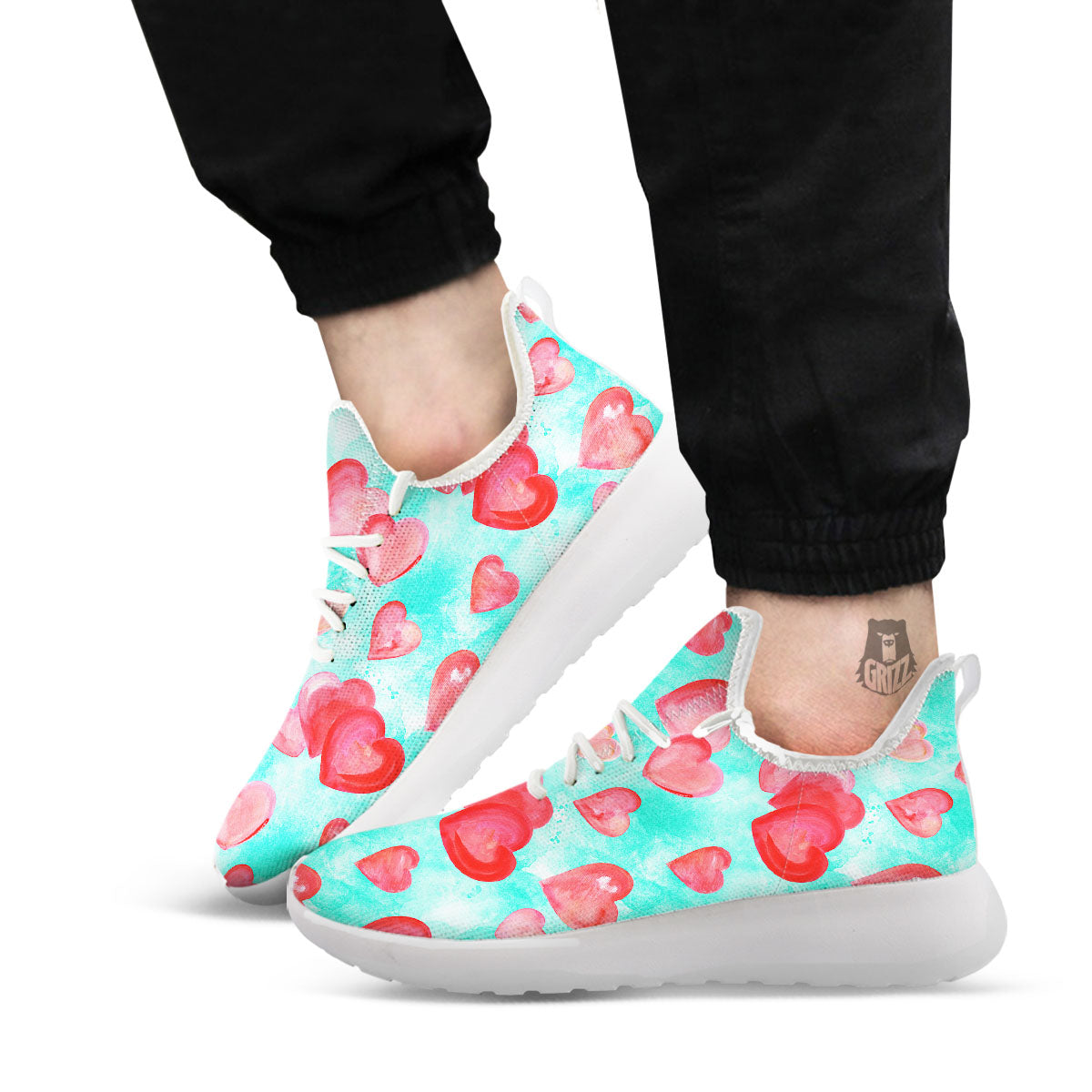 Watercolor Heart Teal And Pink Print White Athletic Shoes-grizzshop