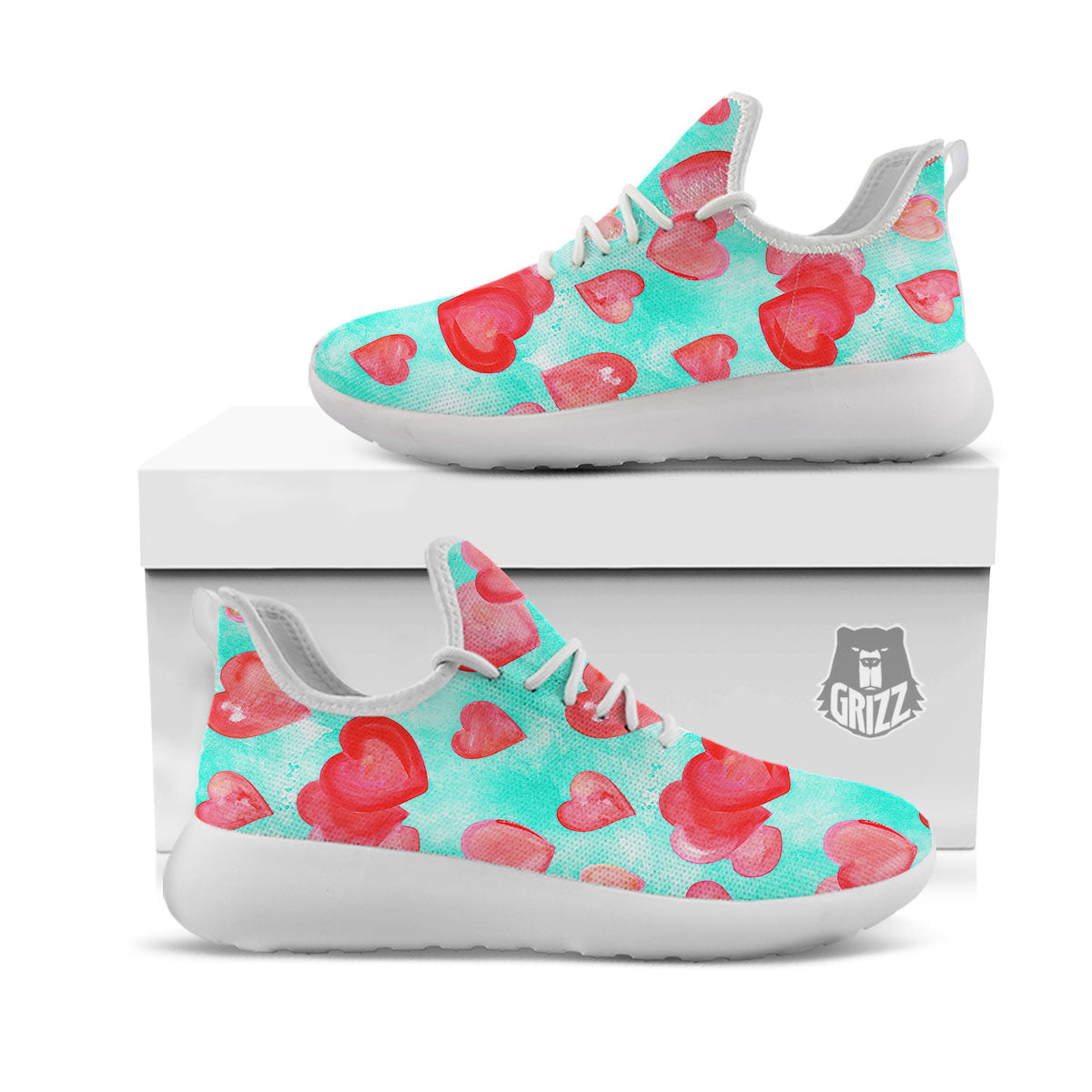 Watercolor Heart Teal And Pink Print White Athletic Shoes-grizzshop