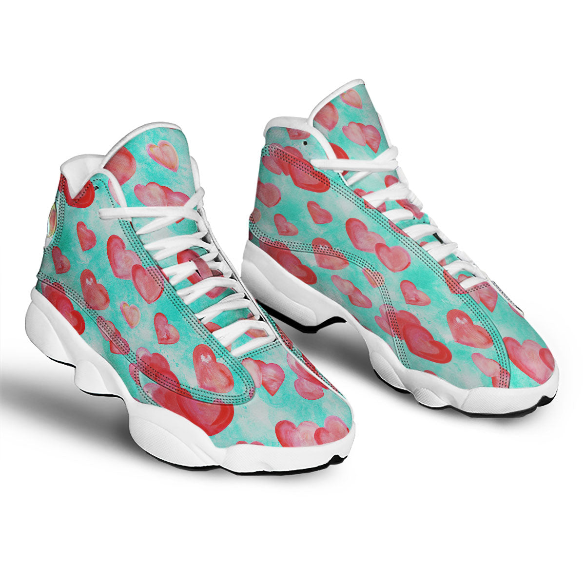Watercolor Heart Teal And Pink Print White Basketball Shoes-grizzshop